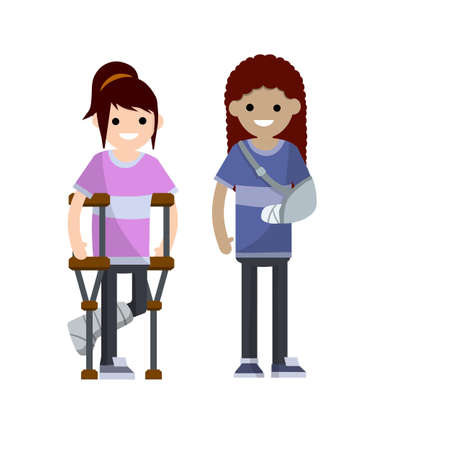 Woman with broken arm and leg. Cartoon flat illustration. Illness and injury. Bandage, crutch. medical healthcare. Young girlのイラスト素材