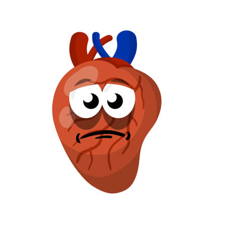 Heart. Human internal organ. Medicine and cardiology. Sick character and sad illness mascot. Cartoon flat illustration.のイラスト素材