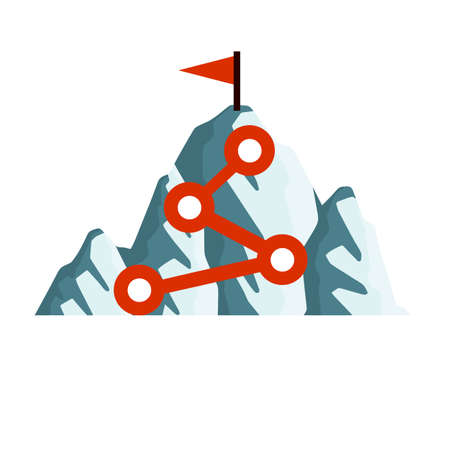 Climbing mountain with red flag. Points and stages of route. Business motivation in personal growth. Mountaineering and sports. Cartoon flat icon. Self-development and successのイラスト素材