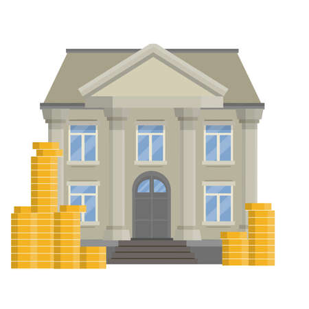 State reliable bank. Stack of gold money coin. University building with white column. Cartoon flat illustration. Classical institution for the education of the student.のイラスト素材