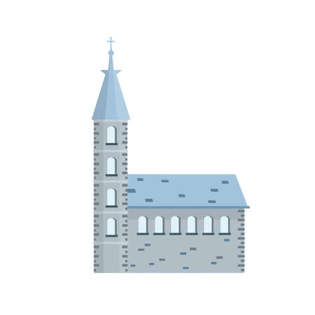 Old town hall building with blue roof, bell tower and spire. European urban architecture. The medieval Guildhall of the little town. Catholic Christian Church. Cartoon flat illustrationのイラスト素材