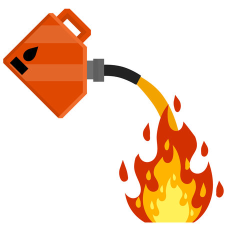 Canister with fuel. Red gas tank. Container with oil. Flammable object. Danger and fire. Watering a Dangerous flame.のイラスト素材