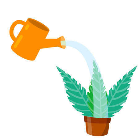 Care for house plant. Yellow watering can with water. Pot with flower and green leaves. Growth and development. Gardening and Hobbies. Flat cartoon isolated on whiteのイラスト素材