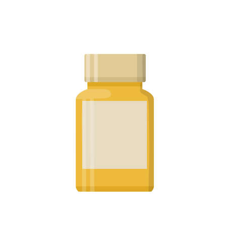 Packaging of tablets. Medical icon for app. Flat illustration. Drugstore and pharmacy element. Yellow container with medicationのイラスト素材