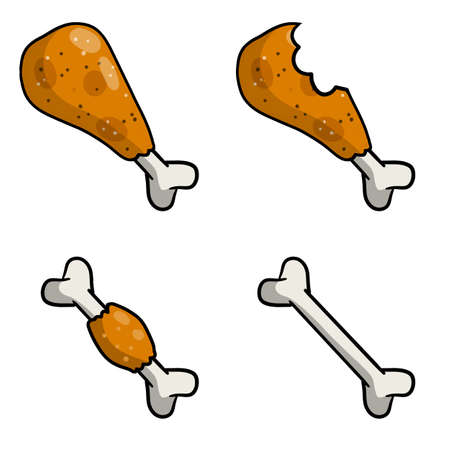 Piece of fried chicken leg. Delicious and fatty foods. Bitten meat with bone. Eaten meal. Brown Food debris and scraps. Cartoon flat illustrationのイラスト素材