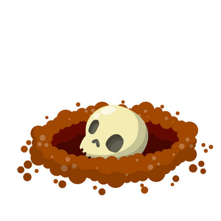Hole in ground. Skull and bone of man in grave. Skeleton, burial and entombment. Scary element of Halloween. Cartoon flat illustration. Archeology and excavationsのイラスト素材