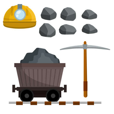 Set of objects of miner. Builder helmet with lamp, pickaxe, stones, cart on rails with coal and ore. Technical work in mine. extraction of minerals in quarry, pit.のイラスト素材