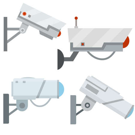 Video surveillance camera. Cartoon flat illustration. Fixation in the wall. White CCTV device with blue lens. Security footage set. safety and securityのイラスト素材