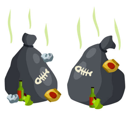 Garbage bag. Black bag with trash and junk. Empty green beer bottle, banana peel, jar, crumpled paper. The problem of disposal and recycling. Cartoon flat illustration. Set scrapのイラスト素材