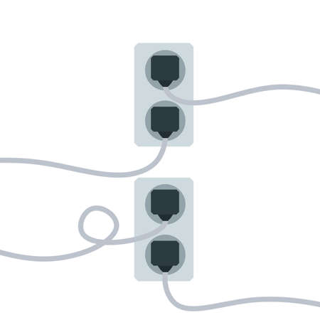 Many outlets to plug with wires. load on system. Cartoon flat illustration. Household appliance at home. High voltage and current. Electrical socketのイラスト素材