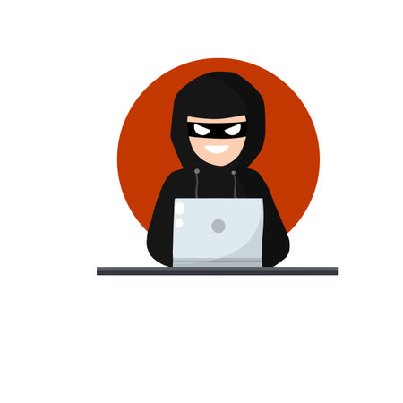 Hacker behind computer. Hacking password in laptop. man in black hood. Cyber robber. virtual thief...