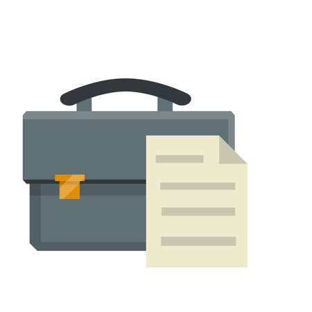 Suitcase and sheet of paper. Paper file and bag. Business icon. Gray case. Cartoon flat illustrationのイラスト素材