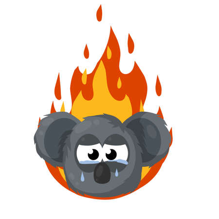 Koala is crying. Fire in Australia. Red flame. Natural disaster. Extinction of animal. Sad cute character and tears. gray beast's face. Cartoon flat illustrationのイラスト素材