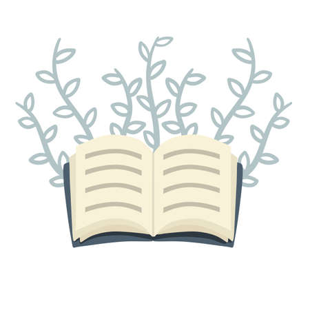 Open book. Blue cover. Reading and education. Icon for storytelling and education. Green leaves of the plant. Hobby icon. Cartoon flat illustration isolated on whiteのイラスト素材