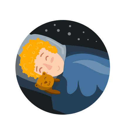 Boy sleep with Teddy bear in bed with blanket. Night rest of kid in bedroom. Concept of nap. Red hair male character. Cartoon flat illustrationのイラスト素材