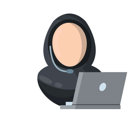 Woman in the support Service. A girl in an Islamic hijab with a laptop and headphones. Call and talk. Flat icon Modern assistant. Arabic marketing and sales.のイラスト素材