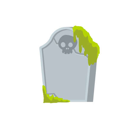 Gravestone or tombstone. Element of Halloween and death. Grave in cemetery. Funeral and burial. Old Stone with crack with skull and moss. Flat cartoon isolated illustrationのイラスト素材
