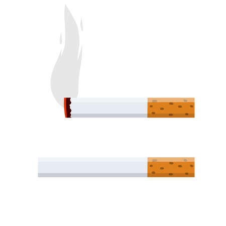 Cigarette Smoking and a cigarette butt with smoke. Bad habit. Set of Horizontal objects. Harm and health. Flat cartoon illustration isolated on whiteのイラスト素材