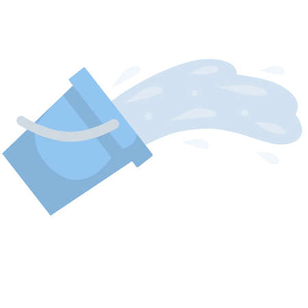 Blue bucket of water. Splash and splatter. Cleaning the house. Object for washing. Blue puddle on the floor. Liquid pours out. Cartoon flat illustrationのイラスト素材