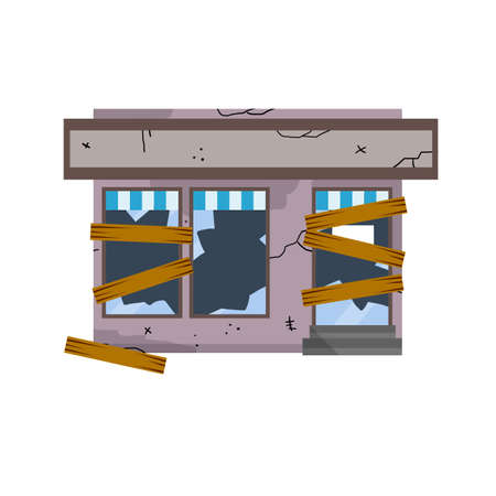 Closed and ruined grocery and store. Abandoned commercial building. Small business problems. Urban landscape. Economic crisis. Cartoon flat illustration.のイラスト素材