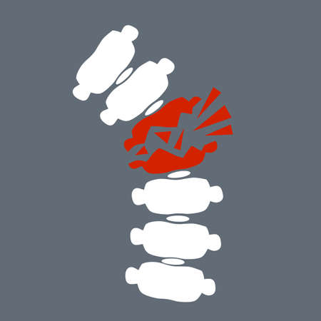 Sick red place. Crack in White bone. Magnifying glass. Logo in circle. Vertebral column. X-ray of internal organs.のイラスト素材