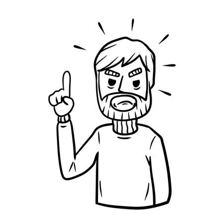 Stern man points with his finger. Negative emotion guy. Note and remark. Cartoon hand drawn black and white sketch illustration. Angry hand gesture. Caution and attentionのイラスト素材