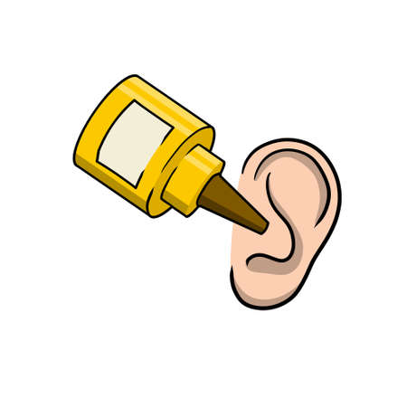 Ear drops. Medicine for hearing. Element of hospital and doctor. Scheme of application of drug. Bottle of liquid. Cartoon Human organ.のイラスト素材