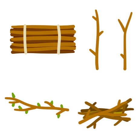 Set of wood. Twigs for fire. Bundle of firewood. Stick of tree with leaves. Set of flat cartoon illustration isolated on white backgroundのイラスト素材