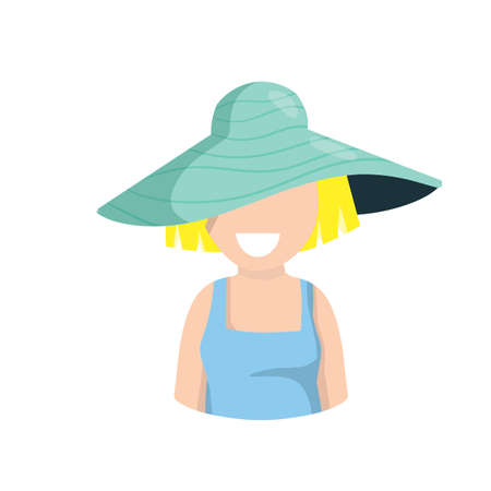 Young woman in fashionable summer hat. Smiling girl. Avatar for the social network. Female character. Flat cartoon illustrationのイラスト素材