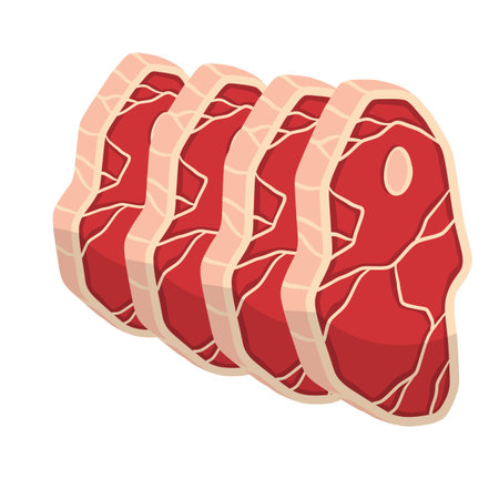 Set of Piece of raw meat. Cartoon illustration. Cut off half beef piece. Element of kitchen, grill, BBQ, steak and delicious meal. Fresh red food with streaks and fatのイラスト素材