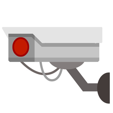 Video surveillance camera. Cartoon flat illustration. Fixation in the wall. White CCTV device with...