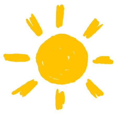 Hand-drawn sun. Element of summer and nature. Yellow warm object. Heat and hot. Cartoon illustration. Children's drawingのイラスト素材