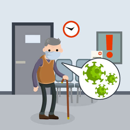 Old man in medical mask in hospital. Quarantine and coronovirus. Treatment for virus in clinic. Reception of patient. Senior with cane. Cartoon flat illustrationのイラスト素材