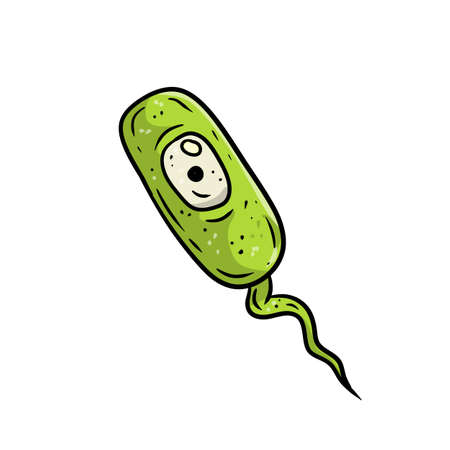 Virus and green bacteria. Causative agent. Micro-organism under a microscope with flagella. Dangerous microbe. Scientific and medical icon. Cartoon flat illustrationのイラスト素材