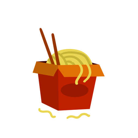 Box of noodles. Asian fast food with chopsticks. Red packaging of macaroni. Japanese and Chinese junk street food. Flat cartoon illustrationのイラスト素材