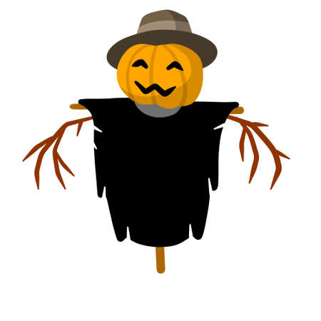 Scarecrow with a pumpkin head. Funny bogeyman with hat. A fabulous Halloween Character. Old clothes and a stick. Flat cartoon illustrationのイラスト素材