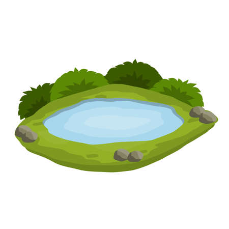 Pond and swamp, lake. Flat cartoon. Background for illustration. Landscape with grass, stones and bush. Element of nature and forest and water. Platform and groundのイラスト素材