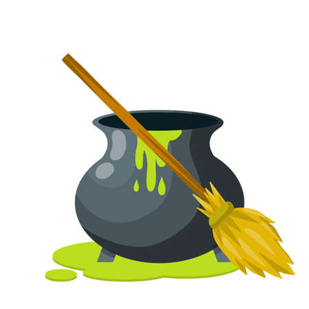 Cauldron of magic potion. Green elixir of witches. Halloween decoration element. Liquid and pot. Cartoon flat illustration. Wooden broomのイラスト素材