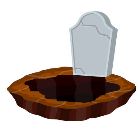 Stone tombstone stands on ground with grave. Celebration of Halloween. Skull on stone. Detail cemetery. Moss on monument. Cartoon illustrationのイラスト素材