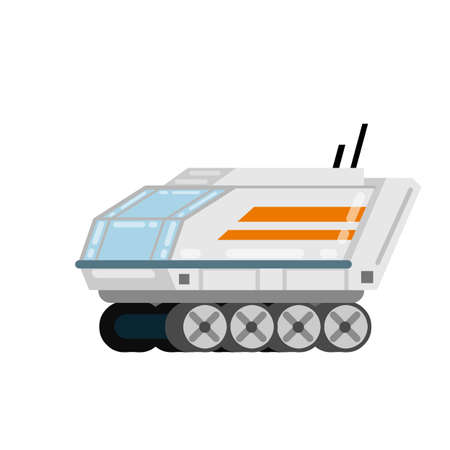 Rover. Space vehicle. Fantastic car for exploring planet and space. Colonization and scientific research. White Martian Spaceship on wheels. Flat cartoon illustrationのイラスト素材
