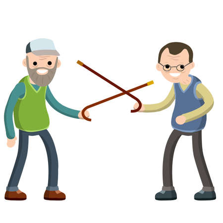 Two old grandpa fence on canes. Lifestyle and pastime of old people. Senior Men with glasses and a beard. Of great age. Hobby of grandparents. Fight and battle. Cartoon flat illustration.のイラスト素材