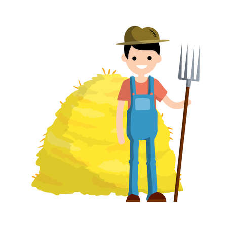 Farmer in blue jumpsuit and hat with fork in hands. Yellow haystack. Kind of profession. Rural boy. Rustic guy. Cartoon flat illustration. Production of natural food. Village characterのイラスト素材