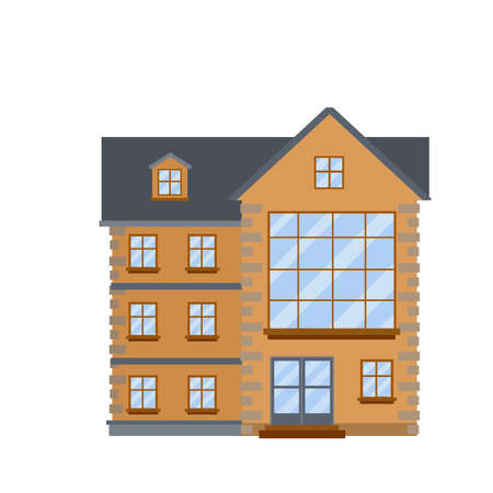 Cozy suburban house. Element of urban landscape. Small town and brick brown house. Building with blue roof and porch. Cottage and Villa on green platform.のイラスト素材