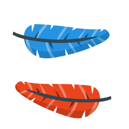 Feather. Red and blue bird element. Symbol of lightness and brightness. Nature and animals. Flat cartoon illustration isolated on whiteのイラスト素材