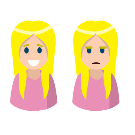 Blonde woman. Set of girl emotions. Long hair. Joy and sadness. Cute female character in blue clothes for social network avatar. Smile and sad. Flat cartoonのイラスト素材
