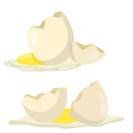 Broken egg. Cooking omelet and Breakfast. Food problems in kitchen. Cartoon flat illustration. Shell fragments. Leaked yolkのイラスト素材