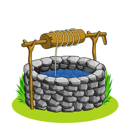 Round stone well for water extraction. Wooden elements of mechanism with rope and lever. Element of the countryside. Old village building. Cartoon drawn illustrationのイラスト素材