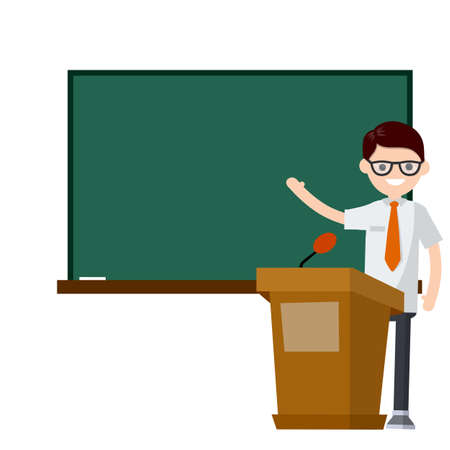 School teacher stand near blackboard. Lecturer in College in classroom. Clean chalkboard for chalk text. man in suit. Cartoon flat illustration. Podium for speech. Profession at Universityのイラスト素材