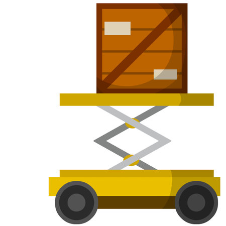 Lift on wheels. Warehouse cart. Storage element. Wooden box and crate. Cartoon flat illustration