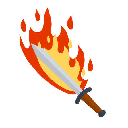 Fiery sword. Magic weapon of knight, sorcerer, magician. Fire spell. Burning blade. The medieval element of game. Dangerous hotter the flames.のイラスト素材
